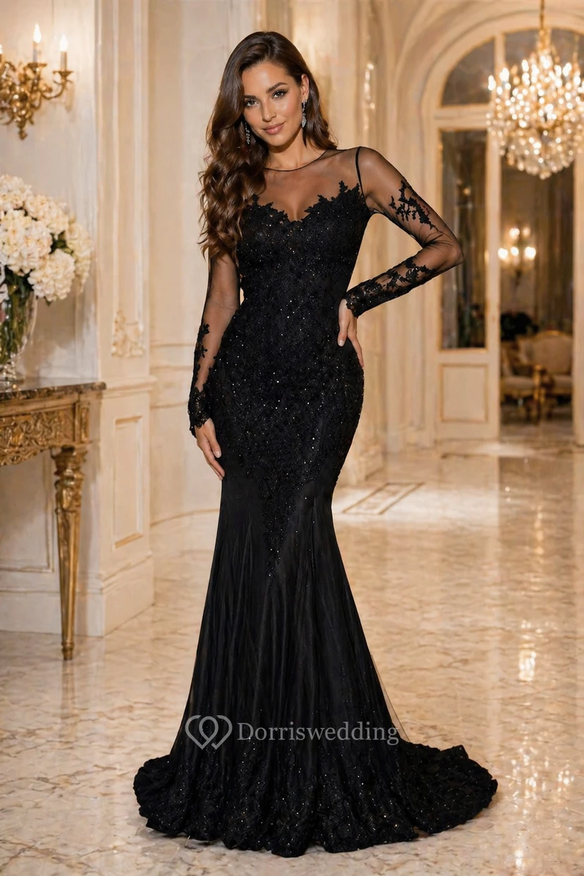 black long sleeve lace mermaid prom dress Mermaid Black Elegant Off the Shoulder Long Lace Long Sleeves Sexy Pro Promfast