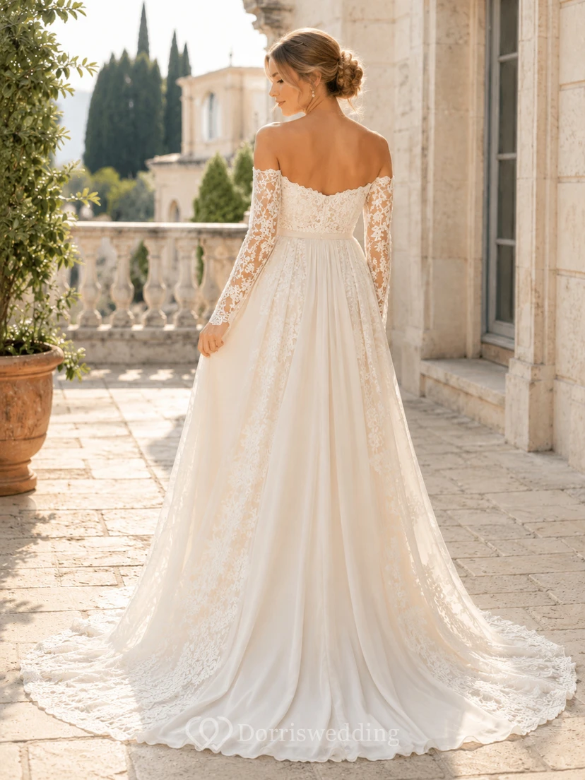 Romantic Maternity Off Shoulder Long Lace Sleeve Empire Chapel Wedding Gown view 2