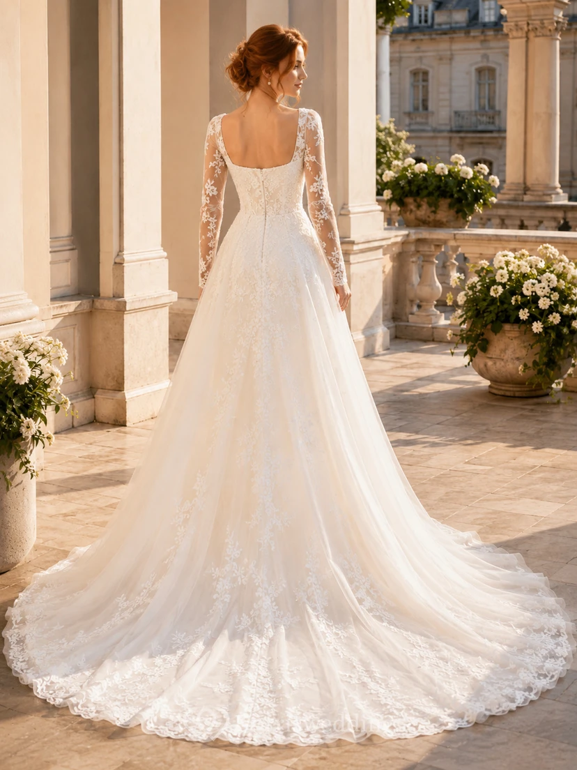 Brautkleid aus Spitze und Tüll, A-Linie, eckiger Ausschnitt, lange Ärmel, Schleppe view 2