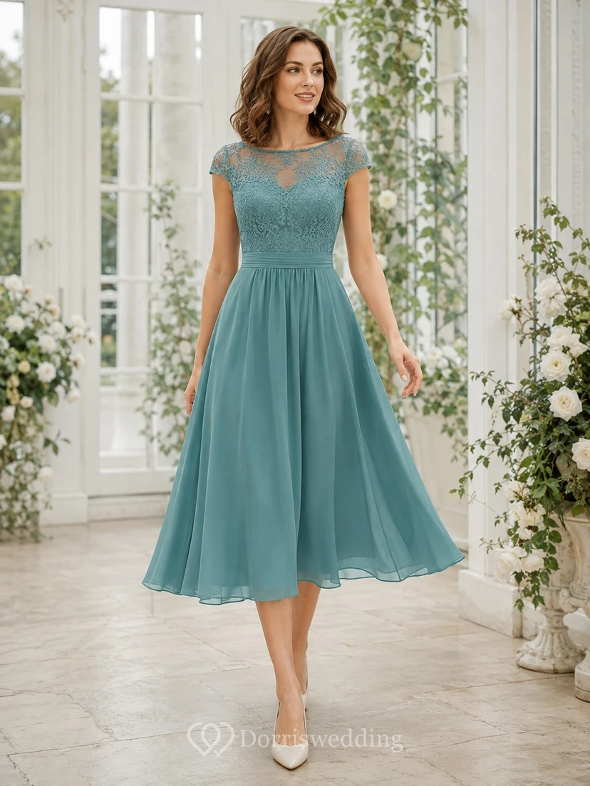 Himmelblaues, schlichtes Brautkleid aus Chiffon mit U-Boot-Ausschnitt und A-Linien-Schnitt in Teelänge