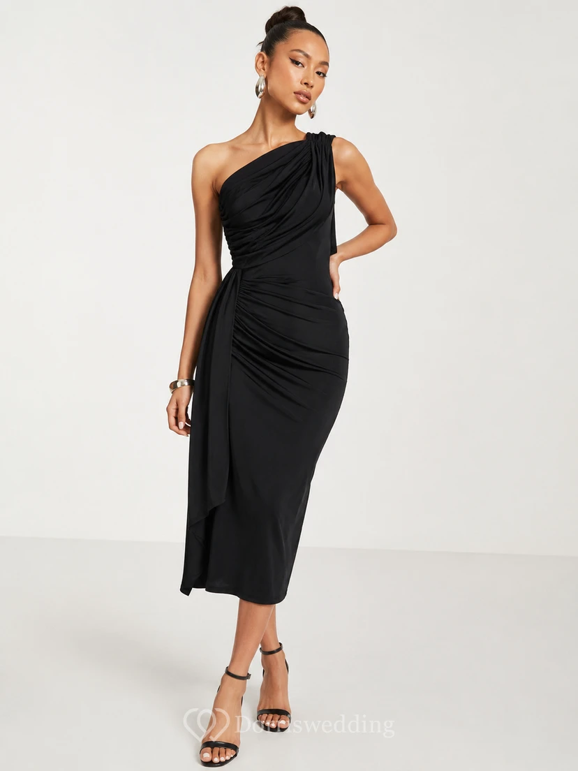Black One-Shoulder Draped Tea-Length Cocktail Dress