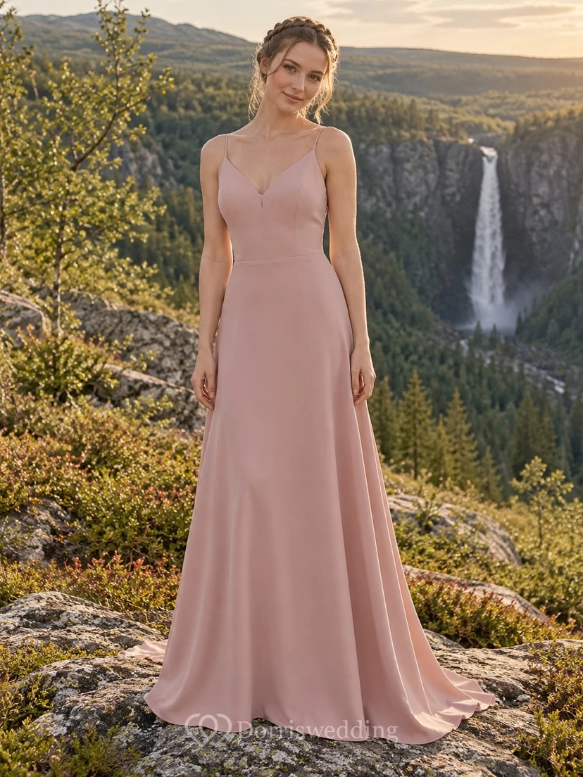 Sencillo vestido de novia de crepé color rosa empolvado, corte en A, escote en V y finos tirantes.