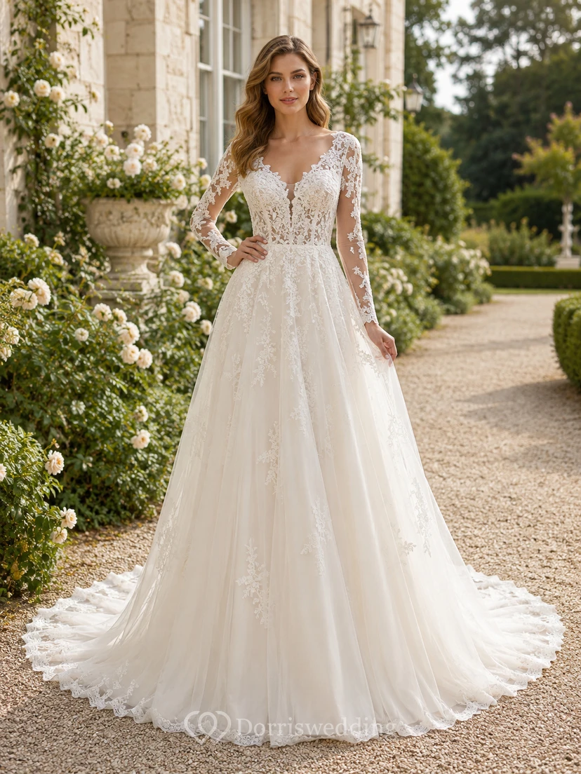 Robe de mariée en dentelle et tulle, coupe trapèze, col en V, sans manches, traîne chapelle