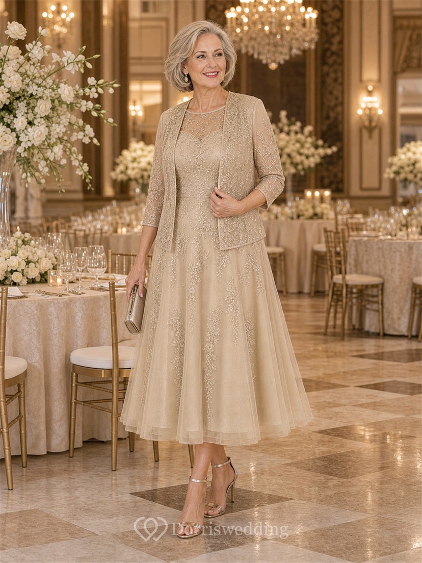 Sage Green Lace Applique Tea-Length Mother of the Bride Dress with