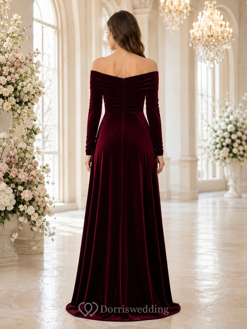 Burgundy Velvet Long Sleeve Winter Wedding Gown view 2