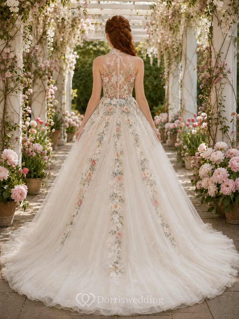 Vestido de novia de gala con cuello alto y bordados florales view 2