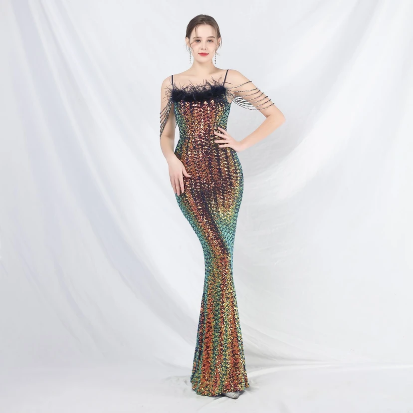 Craft Beaded Ostrich Feather Fantasy Sequined Long Evening Dress view 46