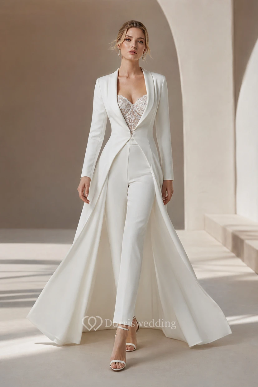 Combinaison longue blanche blazer pour mariage avec collants