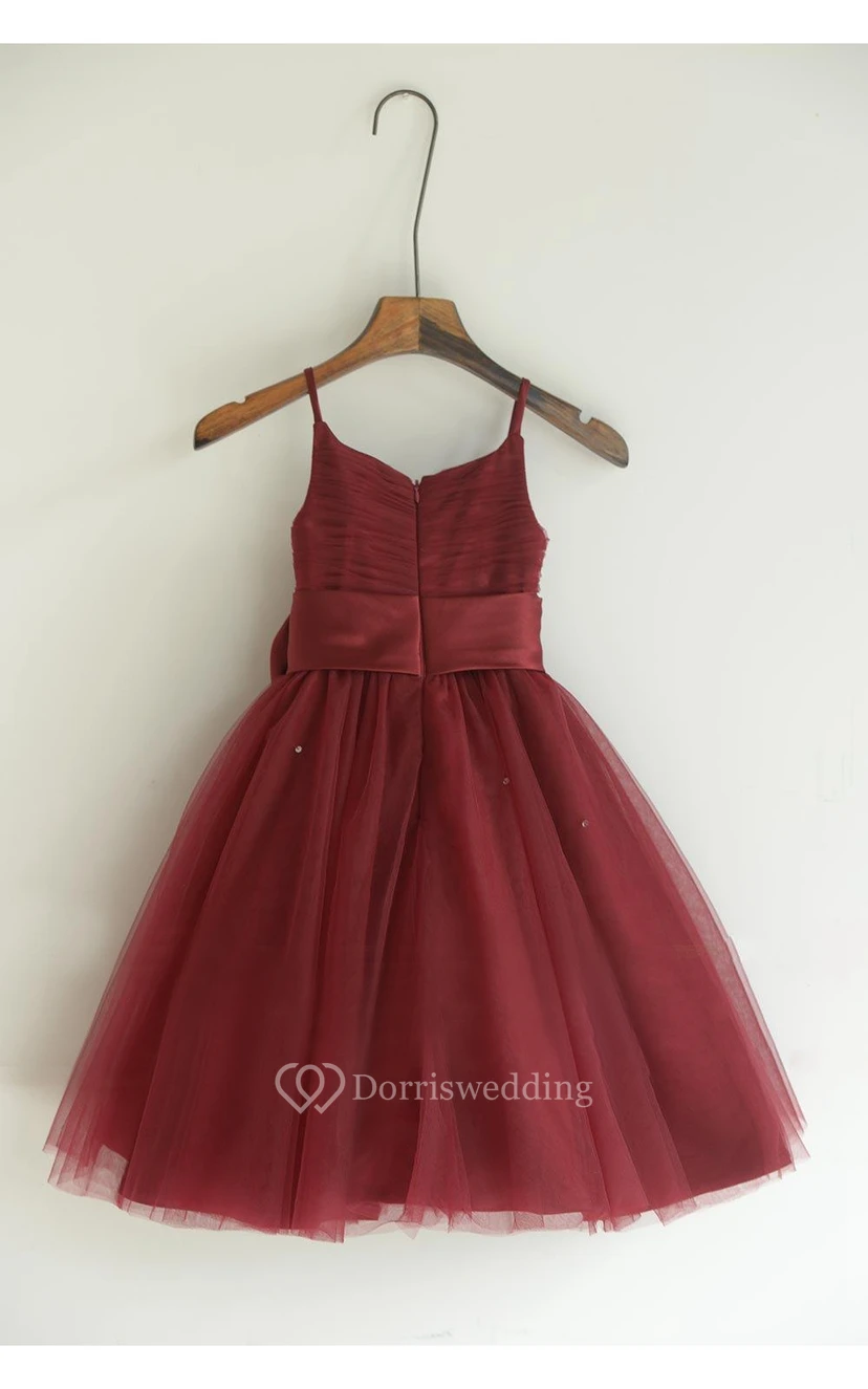 Criss-cross Bodice Spaghetti Straps Pleated A-line Tulle Long Dress With Flower view 4