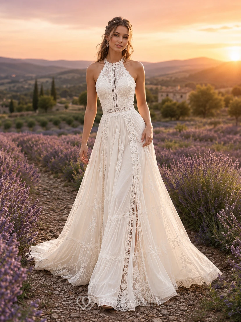 Boho Halter High Neck Floral Lace A Line Chapel Outdoor Wedding Dress