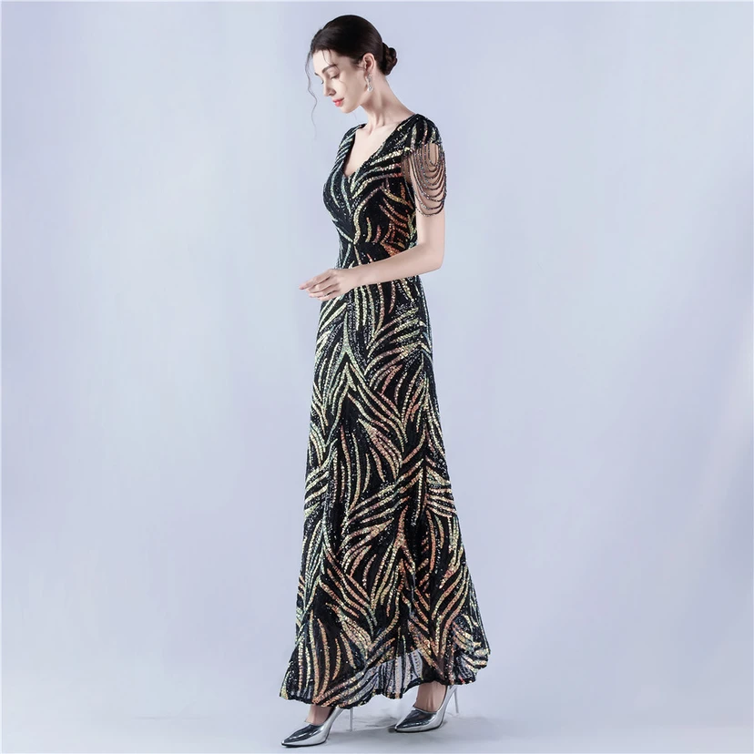 A-Line Big Swing Dress Skirt Encrypted Sequined Craft Beaded Evening Dress view 3