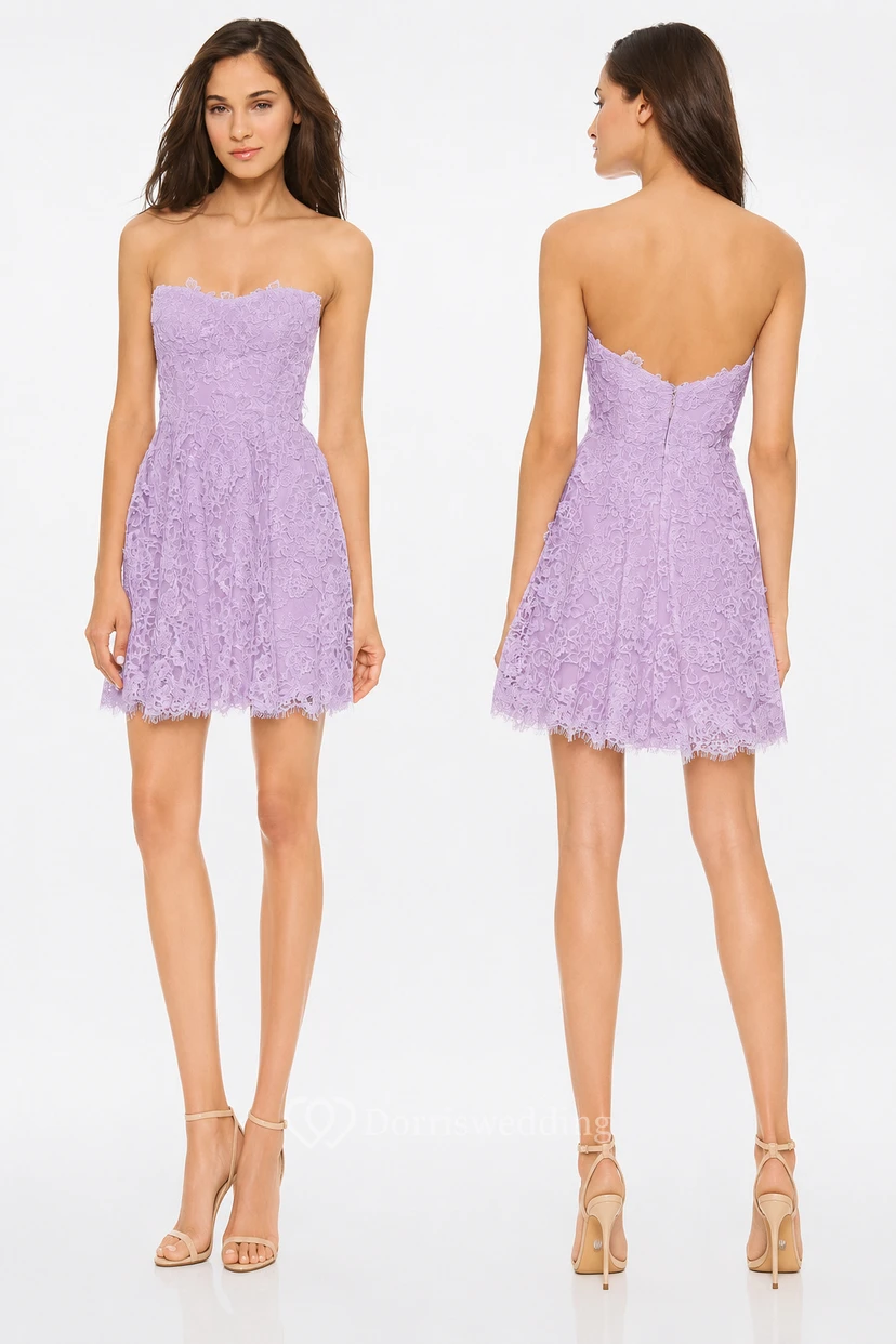 Short Strapless A-line Lace Dress With Low-V Back Style view 14