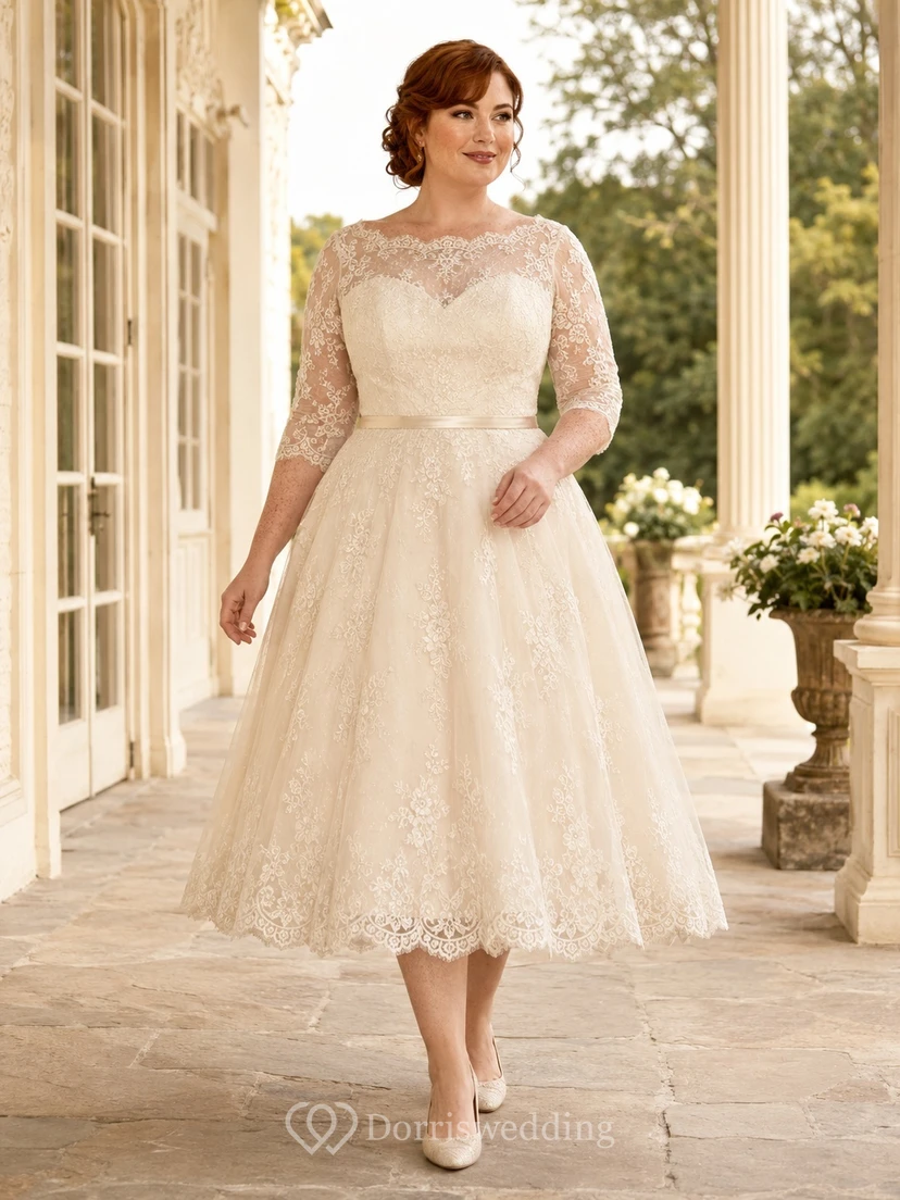 Klassisches Brautkleid in Übergröße im Vintage-Stil mit dezenter Spitze, Dreiviertelärmeln, A-Linie und Teelänge