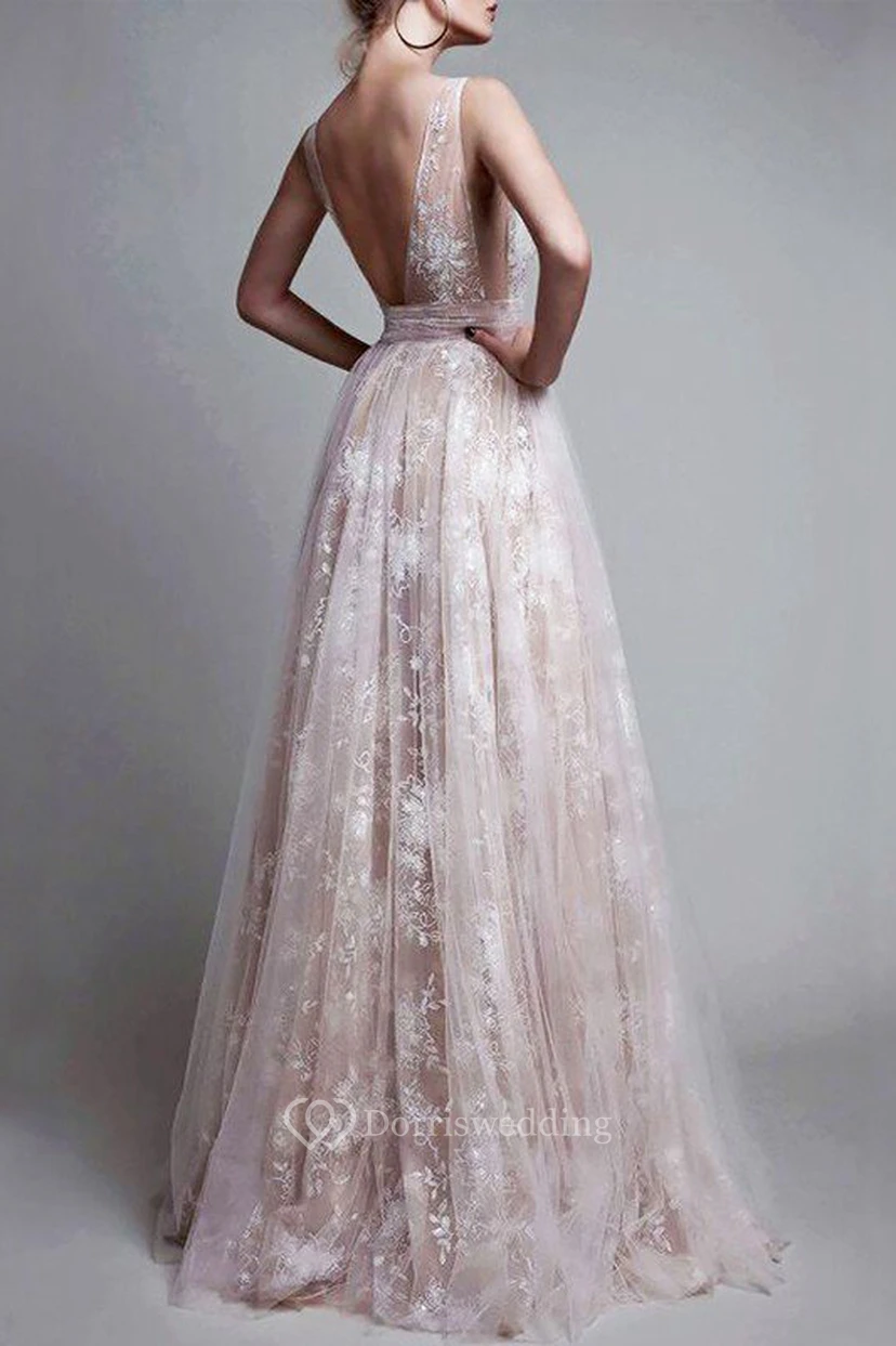 A-Line Lace Tulle V-neck Sleeveless Deep-V Back Dress view 2