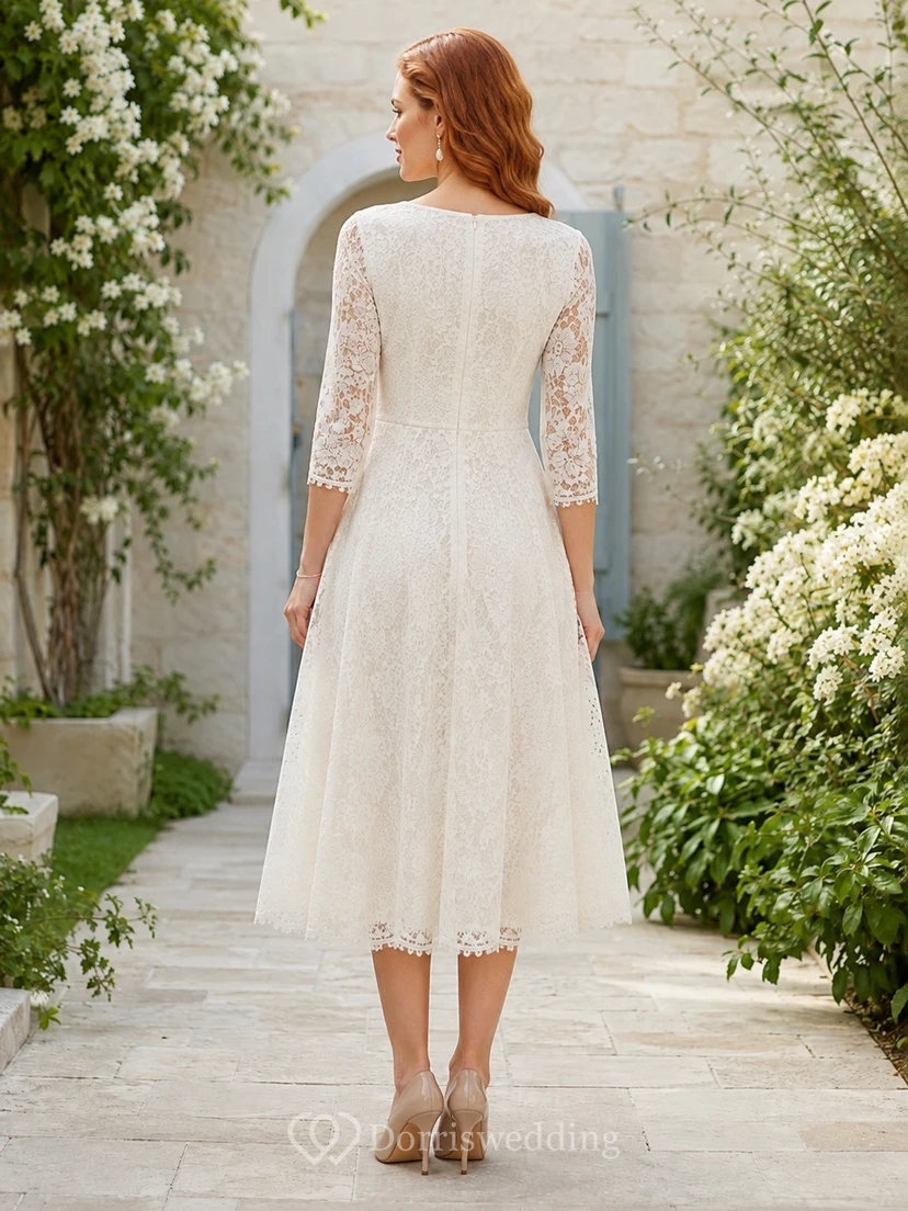 Ivory Lace V-Neck Long-Sleeve Chiffon A-Line Tea-Length Formal Dress view 2