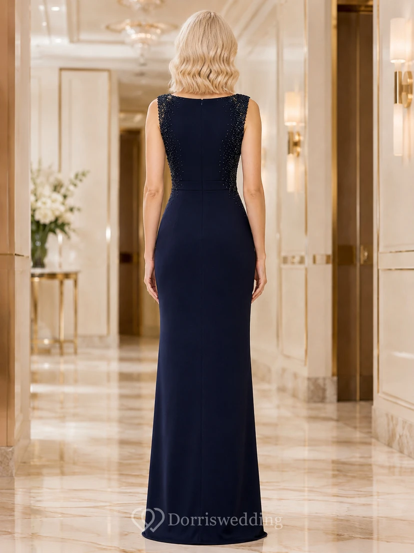 Dark Navy Bateau Column Formal Gown view 2