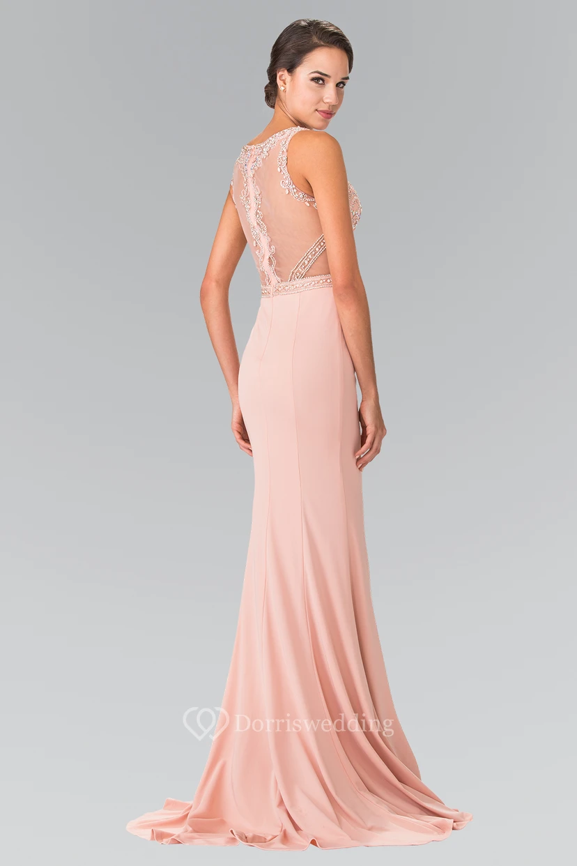 Sheath Long Bateau Sleeveless Jersey Illusion Dress With Beading And Pleats view 2