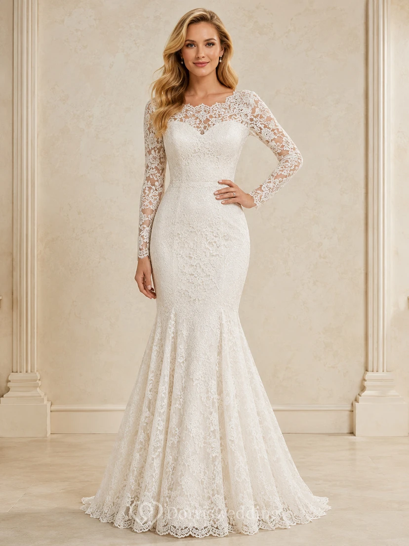 Robe de mariée sirène élégante et romantique à manches illusion longues, entièrement en dentelle et traîne.