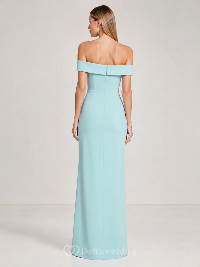 Modern Aqua Satin Mermaid Floor-Length Off-Shoulder Sleeveless Evening Dress view 2