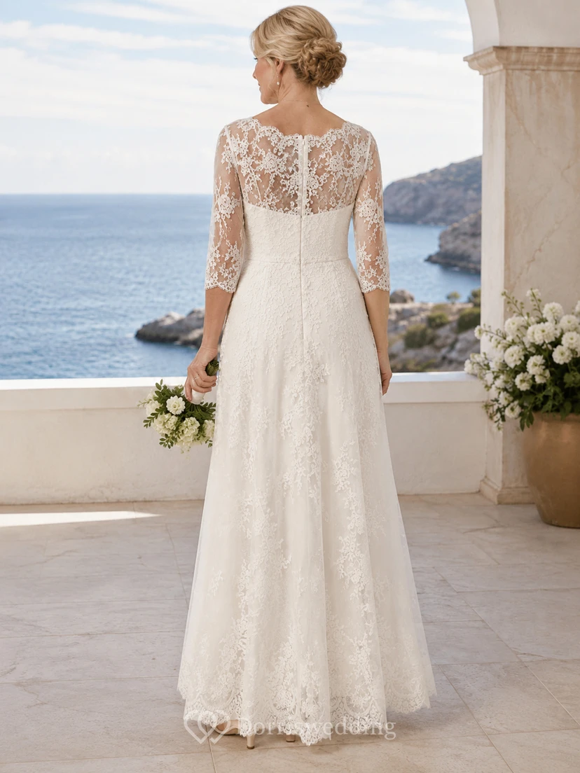 Tea Length Lace A-Line Older Brides Wedding Dress with Long Sleeve Sleeves view 2