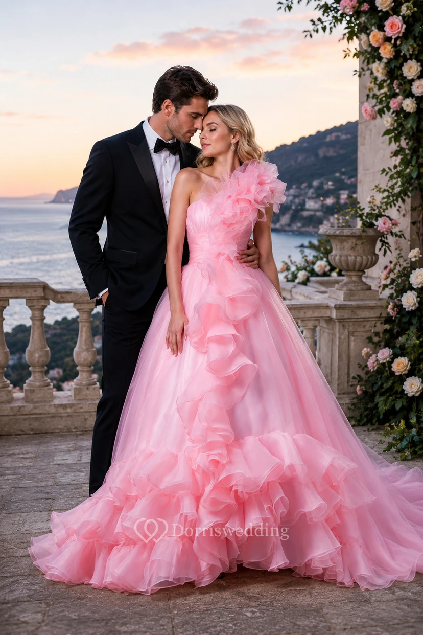 One-Shoulder A-Line Ruffled Draping and Dress With Tiers view 7