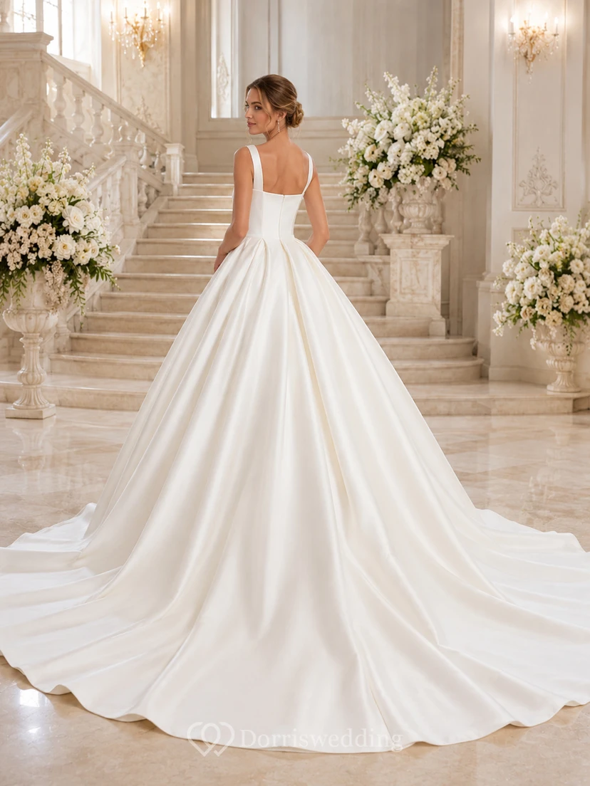 Robe de mariée princesse en satin à col carré, sans manches et traîne cathédrale, col princesse view 2