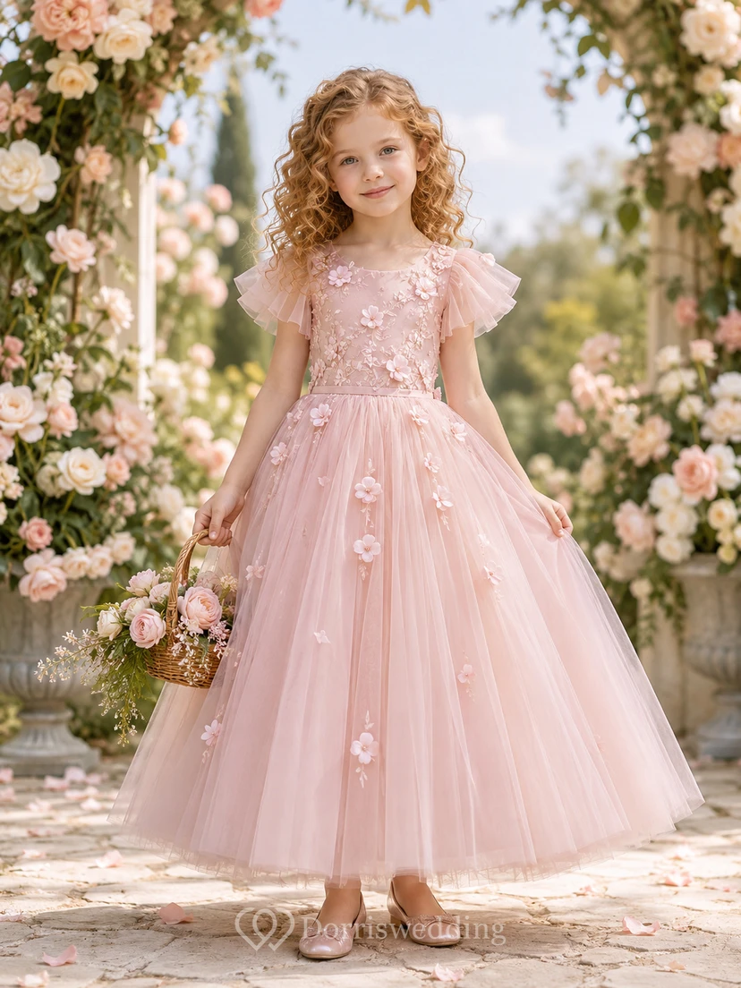 Vestido de niña de las flores, color rosa empolvado, encaje, tul, corte en A, mangas con volantes, escote redondo, largo midi, apliques florales.