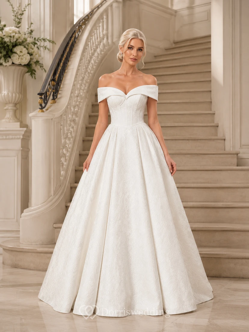 Robe de bal Satin Grandeur longue jusqu'au sol, épaules dénudées, manches courtes, robe de mariée de luxe