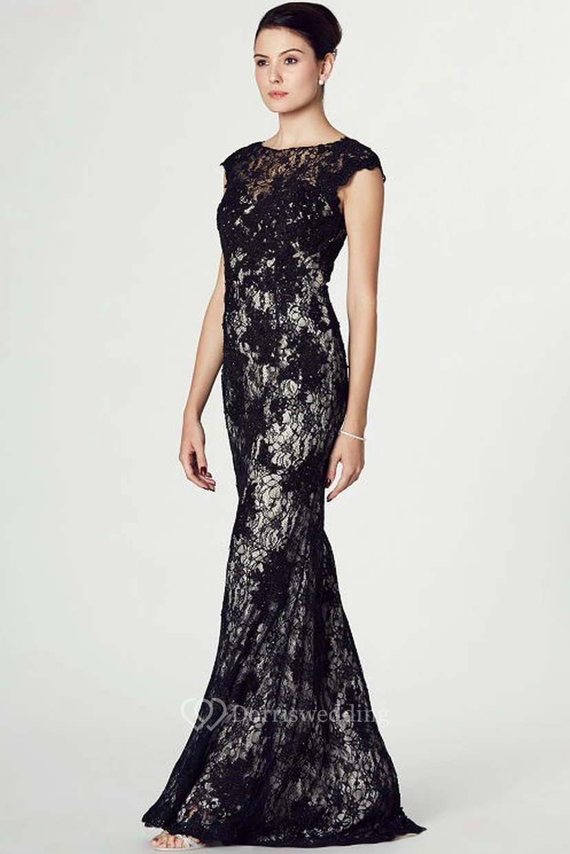 Sheath Cap-Sleeve Appliqued Maxi Scoop Lace Prom Dress With Illusion Back And Sweep Train