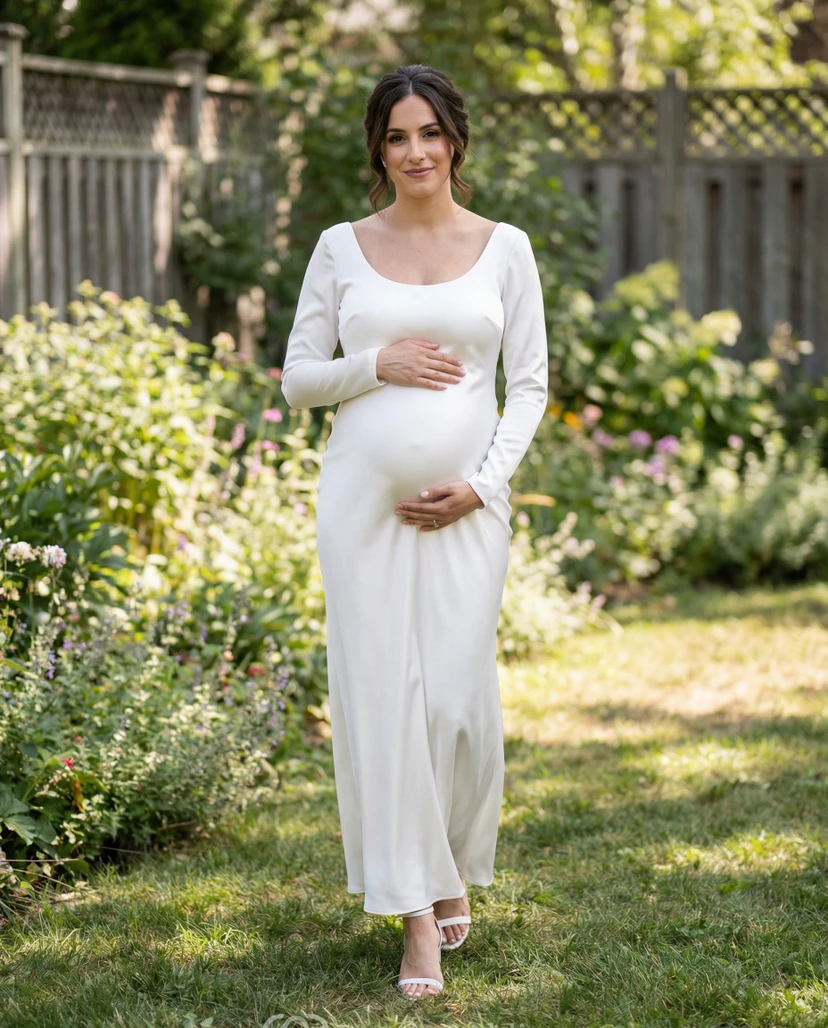 White Long Sleeve Stretch Maternity Wedding Dress with Scoop Neck