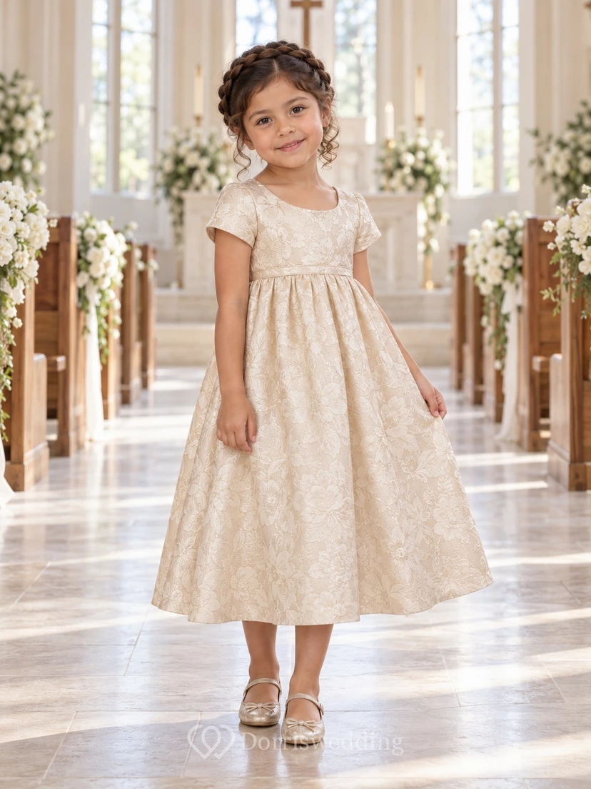 Tea-length Champagne Floral-textured Empire Cap-sleeve Gathered Bow-back Scoop-Neck Flower Girl Dress