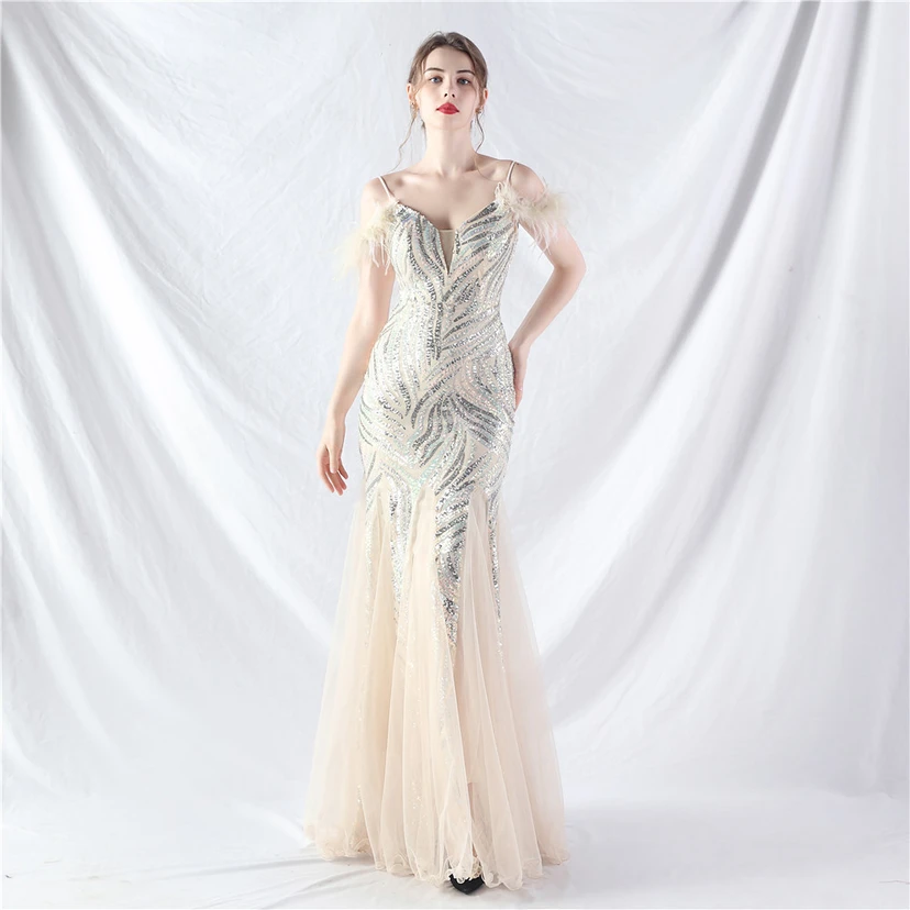 Crafted Ostrich Feather Stacked Sequins Splicing Mesh Gauze High-End Evening Dress Clothes view 71