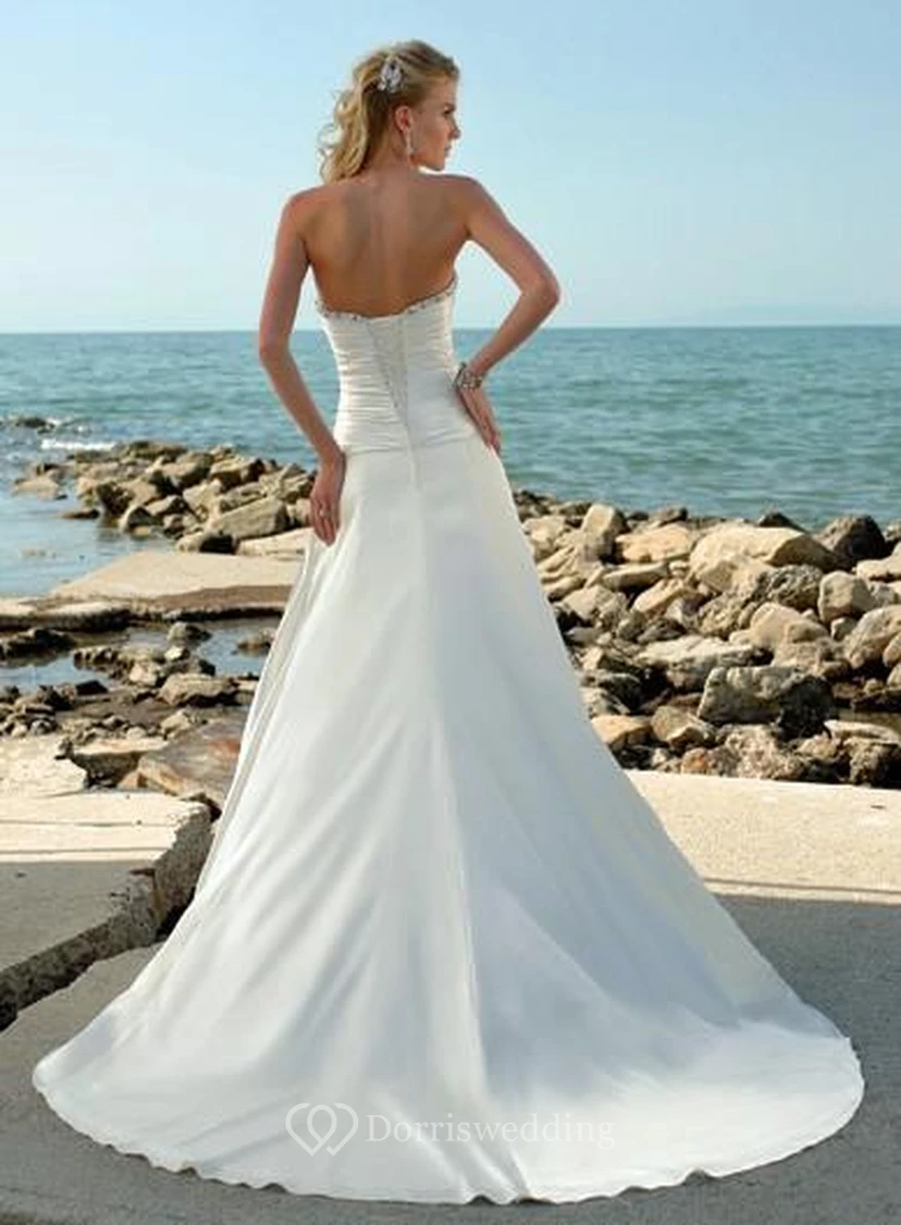 New Arrival a Line Strapless Court Train Elastic Woven Satin Wedding Dress Styles view 2