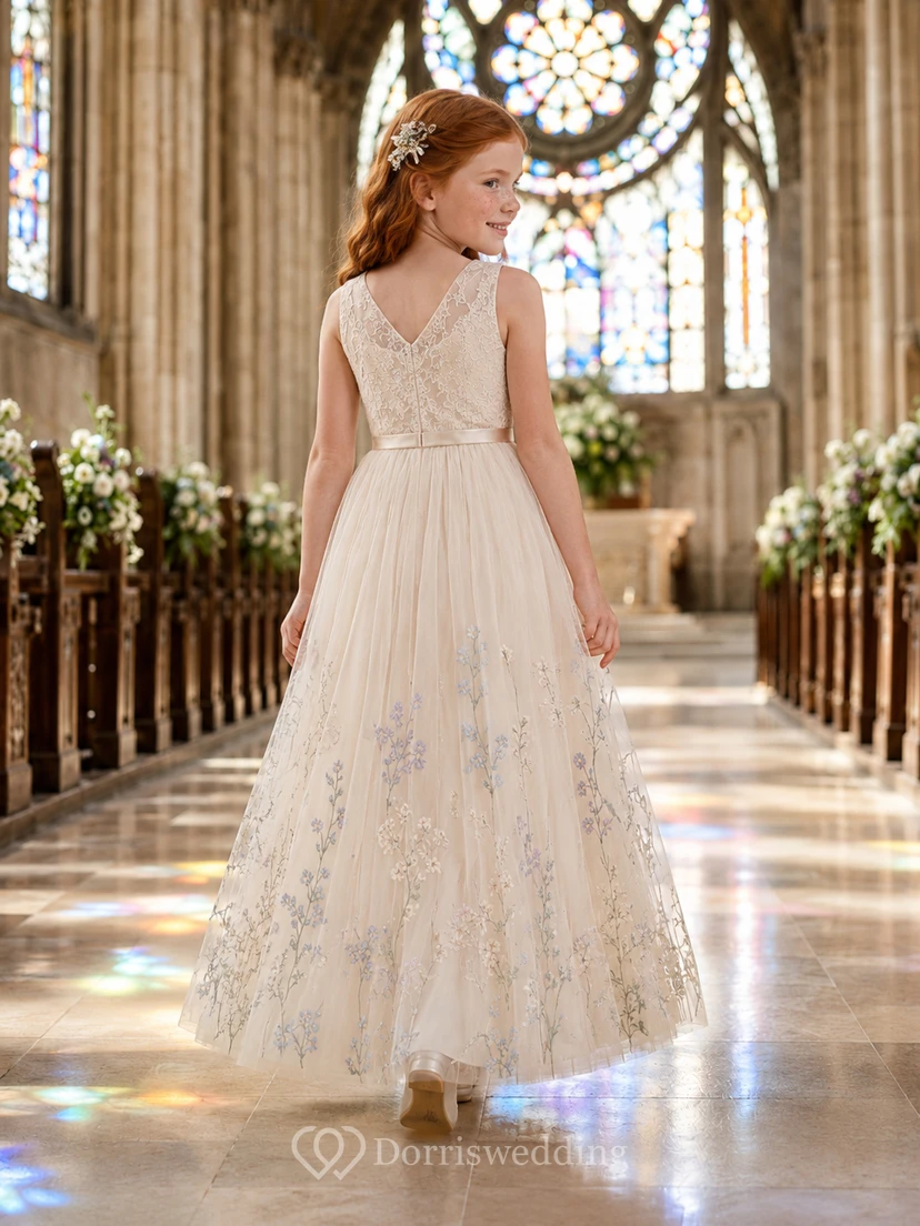 Flower Girl Dress A-Line Cream Blue Floral Tulle V Neck Church Garden view 2