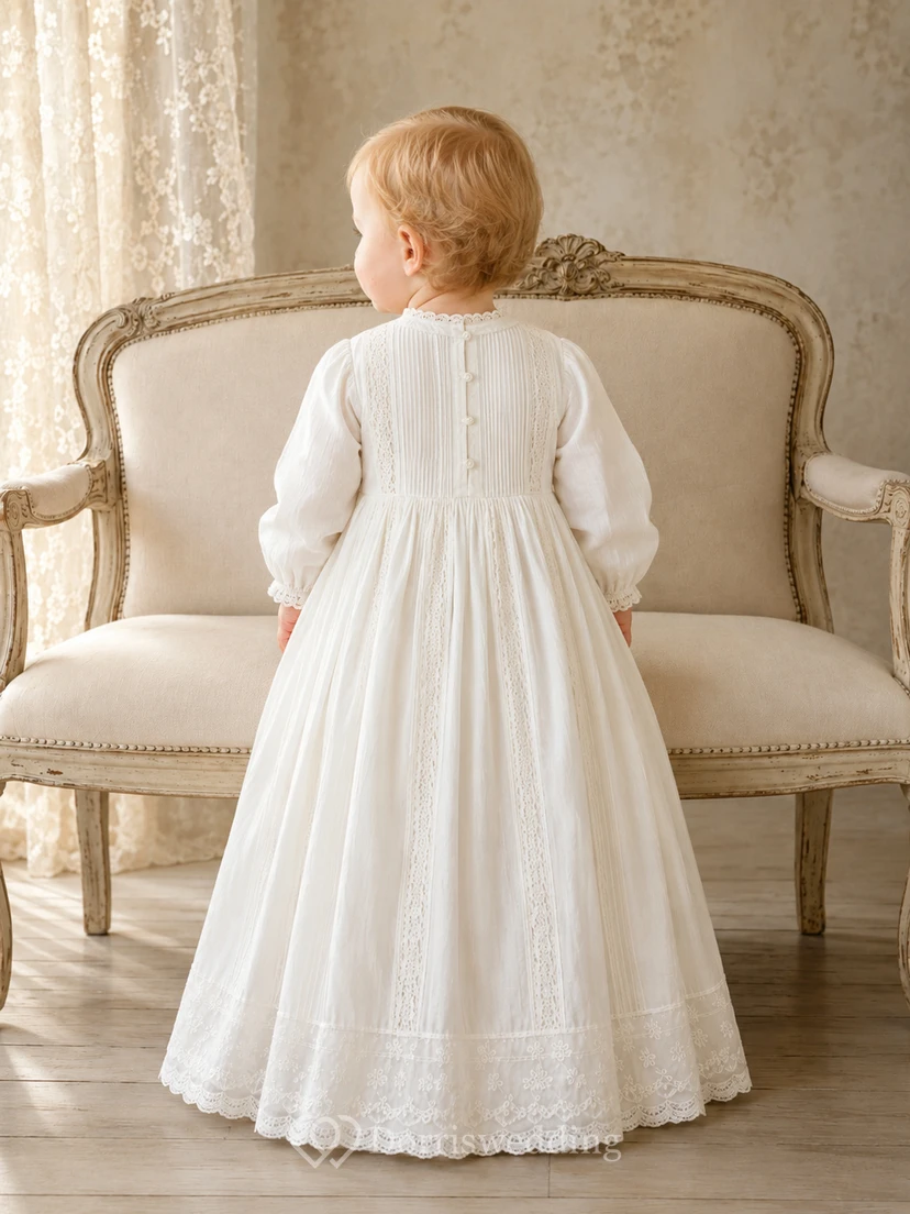 Elfenbeinfarbenes, langärmeliges Taufkleid aus Spitze mit Biesen für Jungen view 2