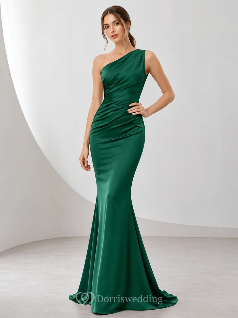 Modernes dunkelgrünes, einseitig schulterfreies Meerjungfrauen-Abendkleid aus Satin für den roten Teppich
