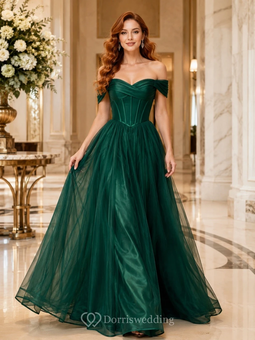 Emerald Off Shoulder Satin Pleated A-Line Formal Evening Gown