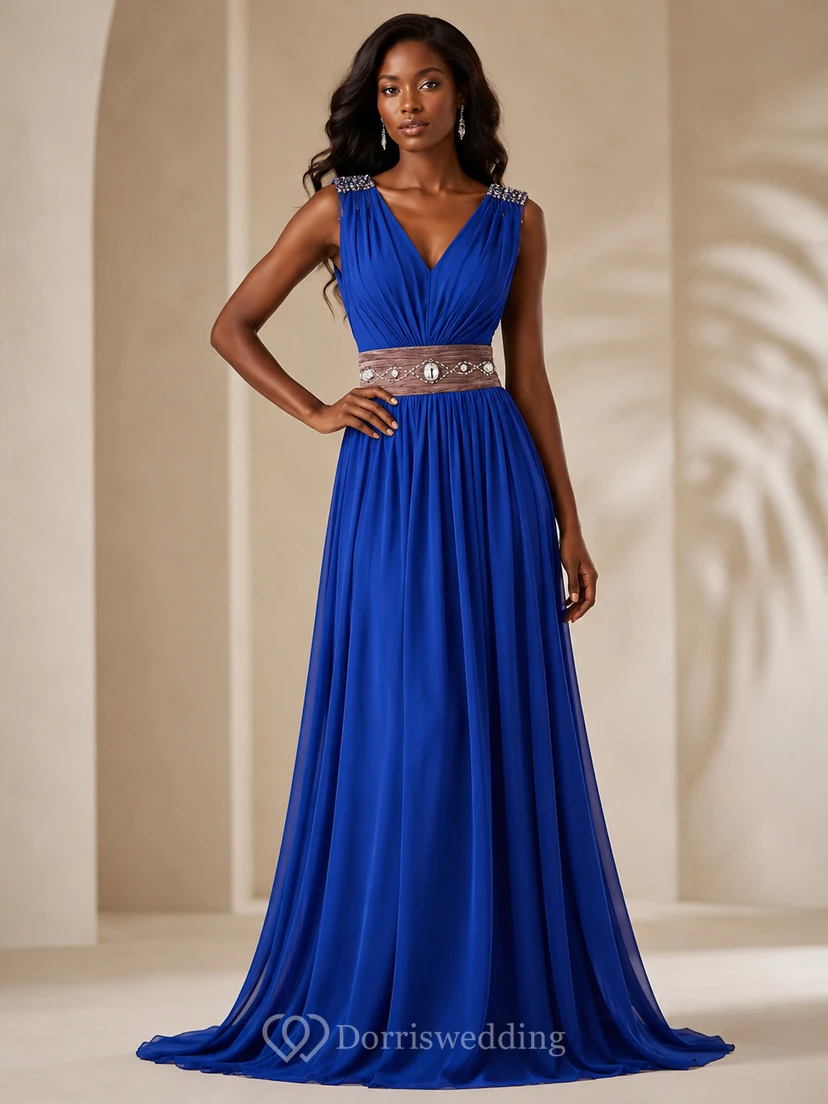 Sleeveless V-neck Long Chiffon Gown With Rhinestone view 5
