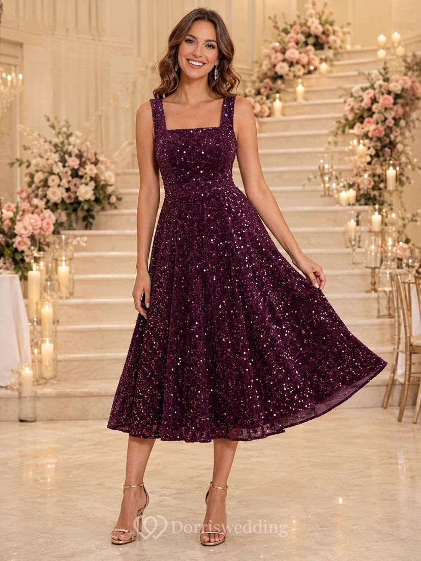 Plum Square Strap Sequin A Line Tea Formal Guest Dress