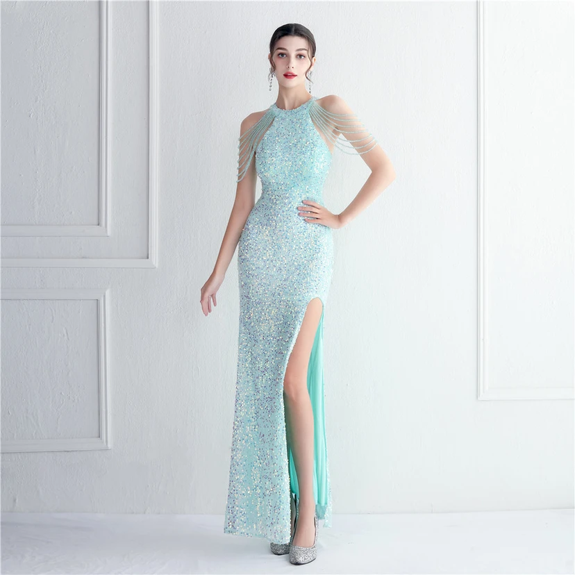 Heavy-Duty Glass Bead Craft Beaded Banquet Evening Dress Temperament Elegant Long Halter Neck Slit Sequins video preview