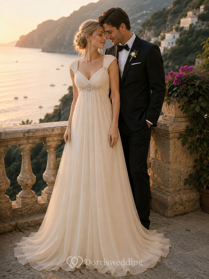 Robe de mariée de plage en mousseline de soie style empire, ornée de perles et de plis, dos nu en V et traîne. view 3