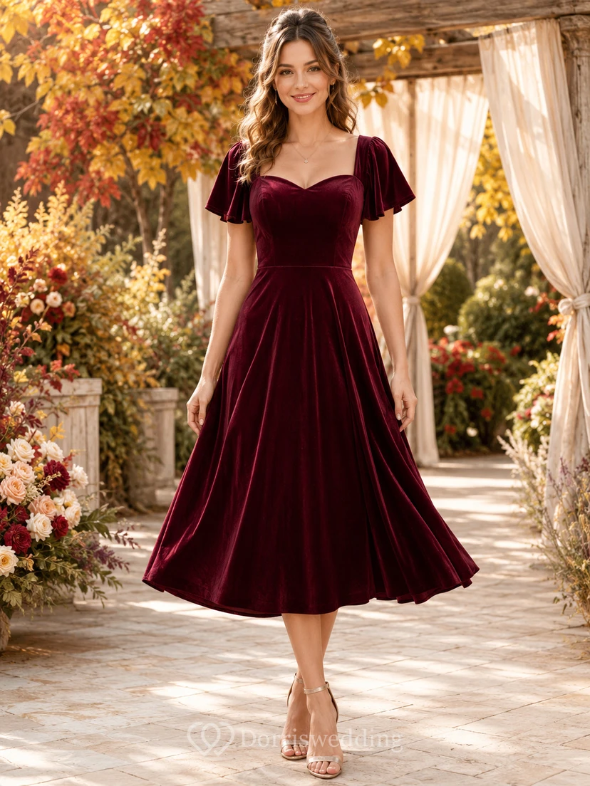 Burgunderfarbenes Samtkleid in A-Linie mit herzförmigem Schnitt und flatternden Ärmeln für den Herbst