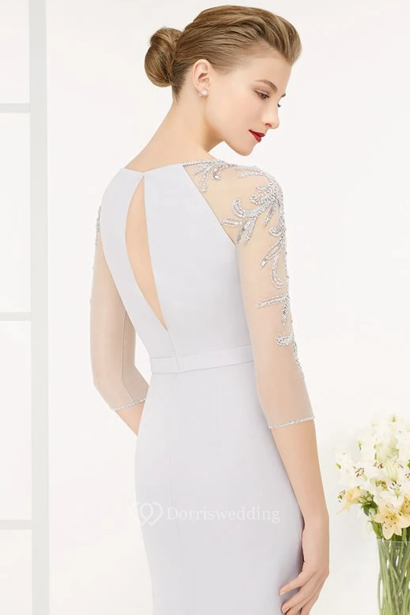 Sheath Half-Sleeve Jewel-Neck Beaded Maxi Chiffon Prom Dress With Broach view 2