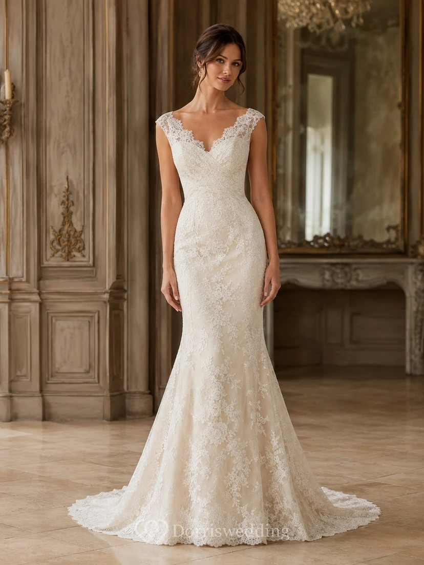 Vestido de novia estilo sirena con estampado floral, mangas cortas, encaje, escote en V y cola larga.
