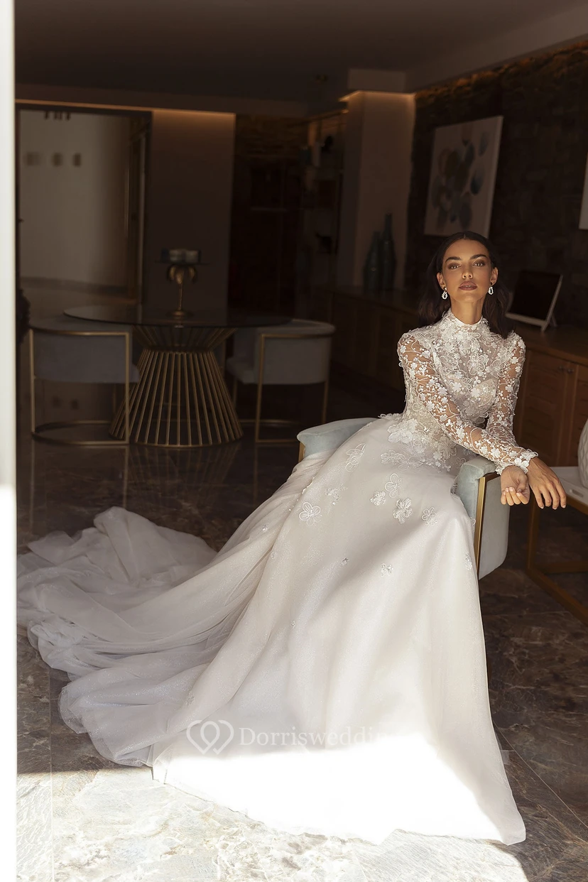 Long-Sleeve Modest Wedding Dress | High Turtle Neck Lace  Ivory Bridal Gown view 4