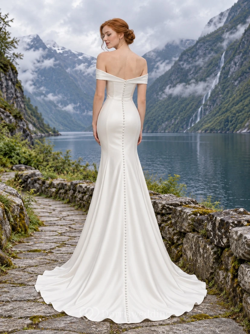 Sencillo vestido de novia de charmeuse estilo sirena con hombros descubiertos, escote plisado y cola abotonada. view 2