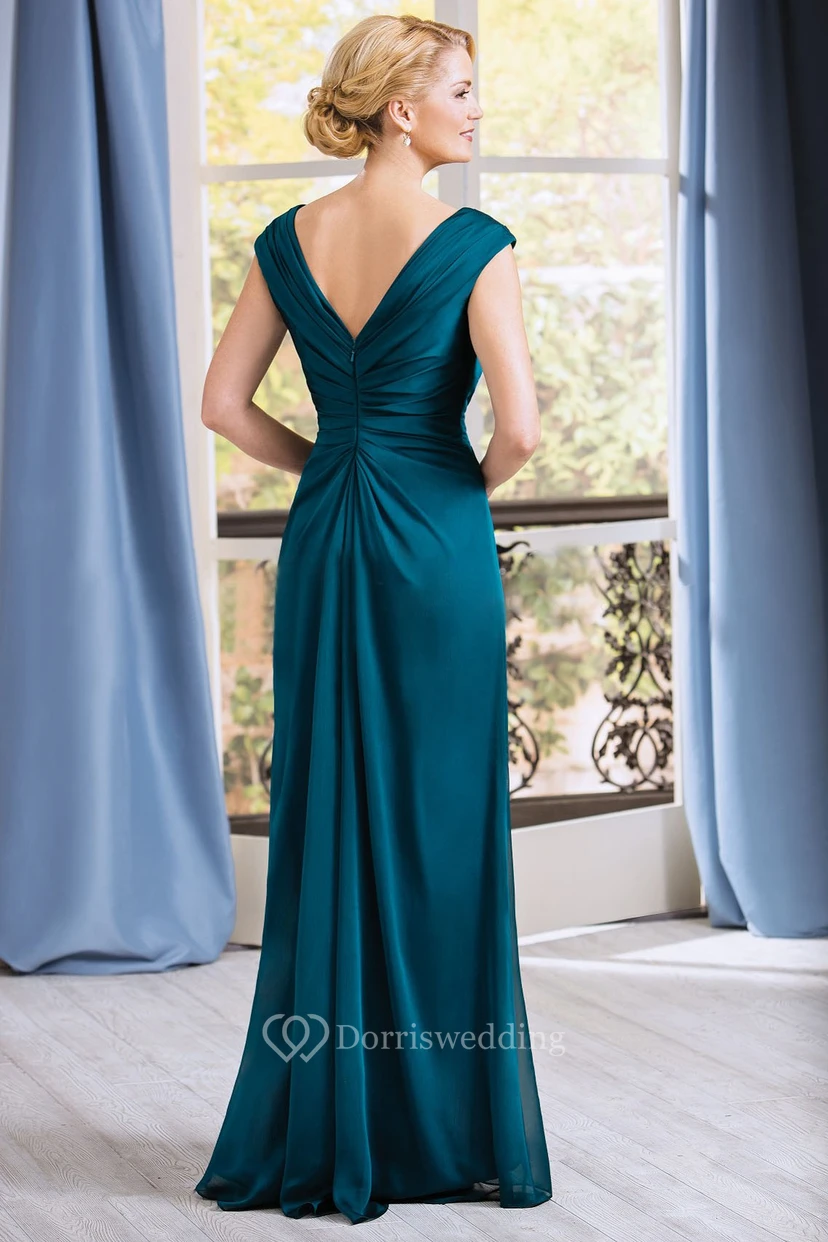 Cap-Sleeved V-Neck Long Gown With Pleats And V-Back view 2