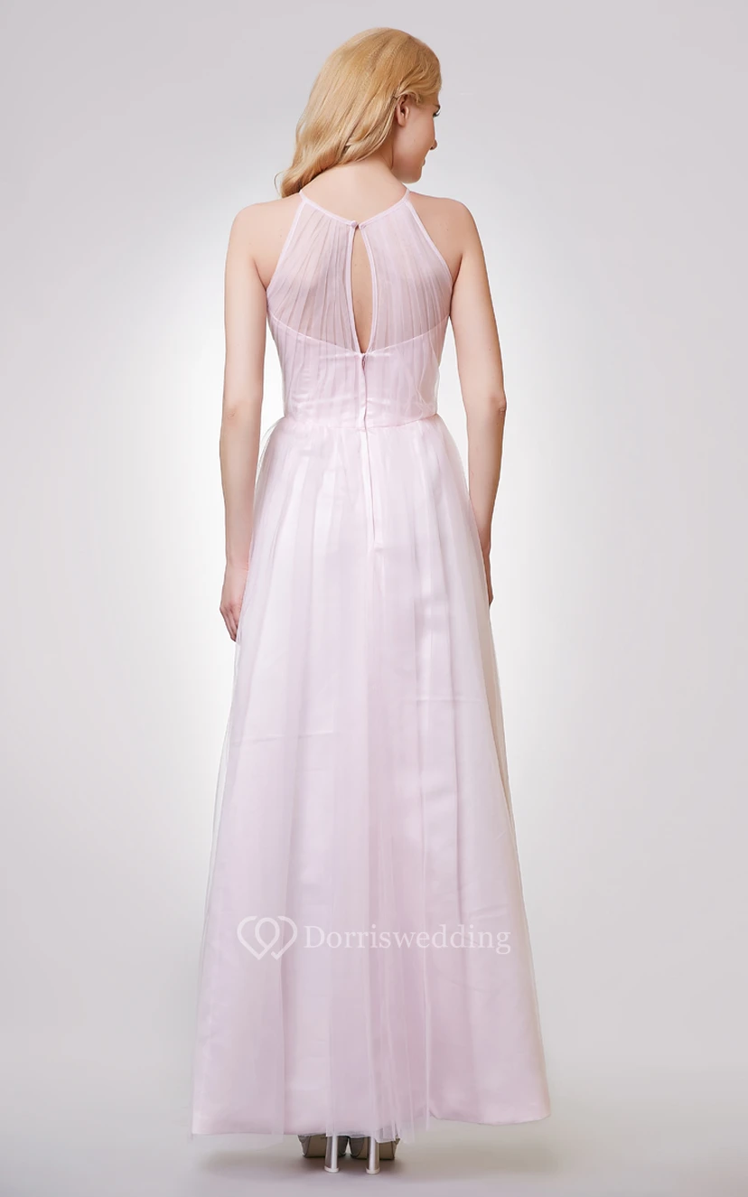 Sleeveless A-line Long Tulle Dress With Pleats view 3