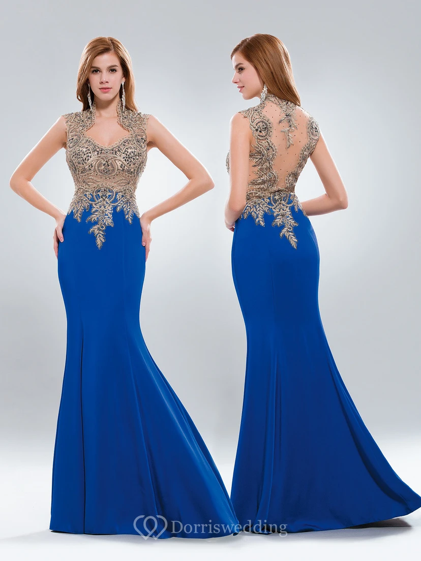 Trumpet Queen Anne Sleeveless Jersey Illusion Dress With Appliques