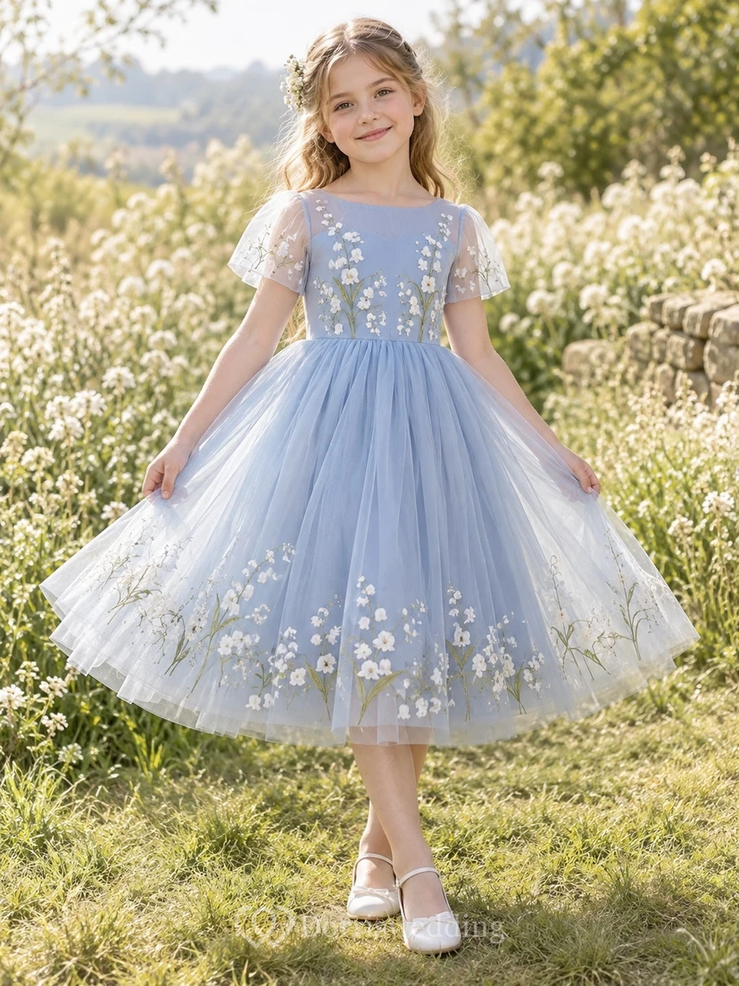Tea-length Steel Blue Flutter Sleeve Floral Embroidered Tulle Bow Flower Girl Dress